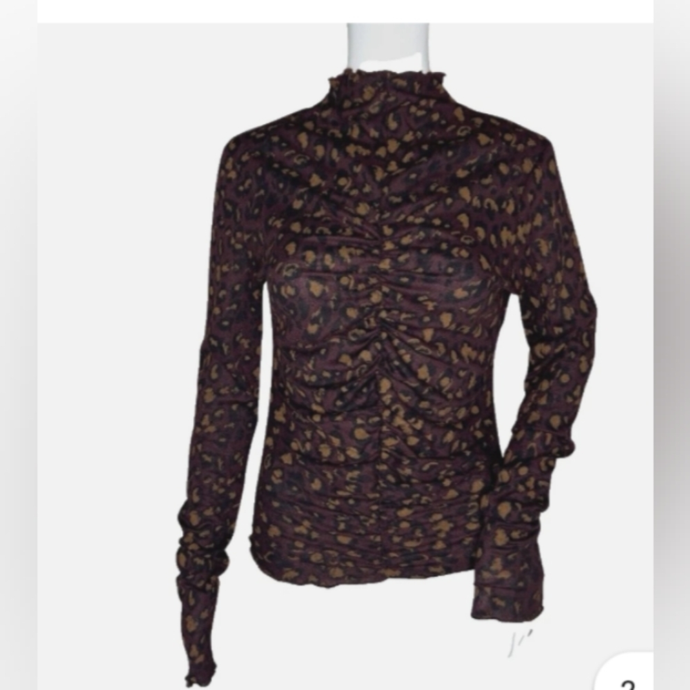 Free People Shirt Womens Purple Cheetah Print Turtleneck Ruched Edgy Rock